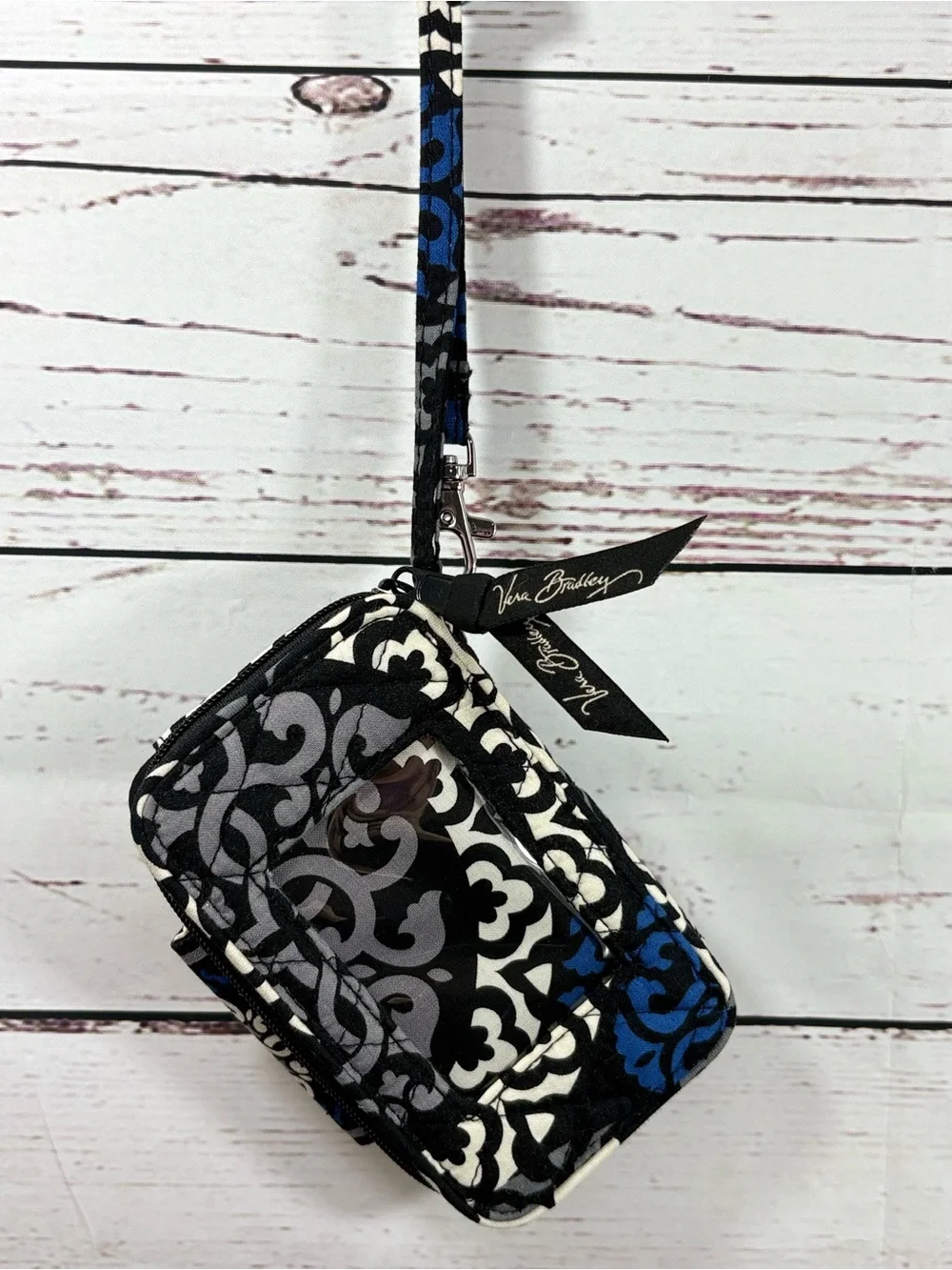 Retired Vera Bradley Canterberry Black and Blue Wrist Wallet and ID Holder
